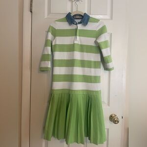 Striped Green and White Rugby Kids Dress with Denim Collar